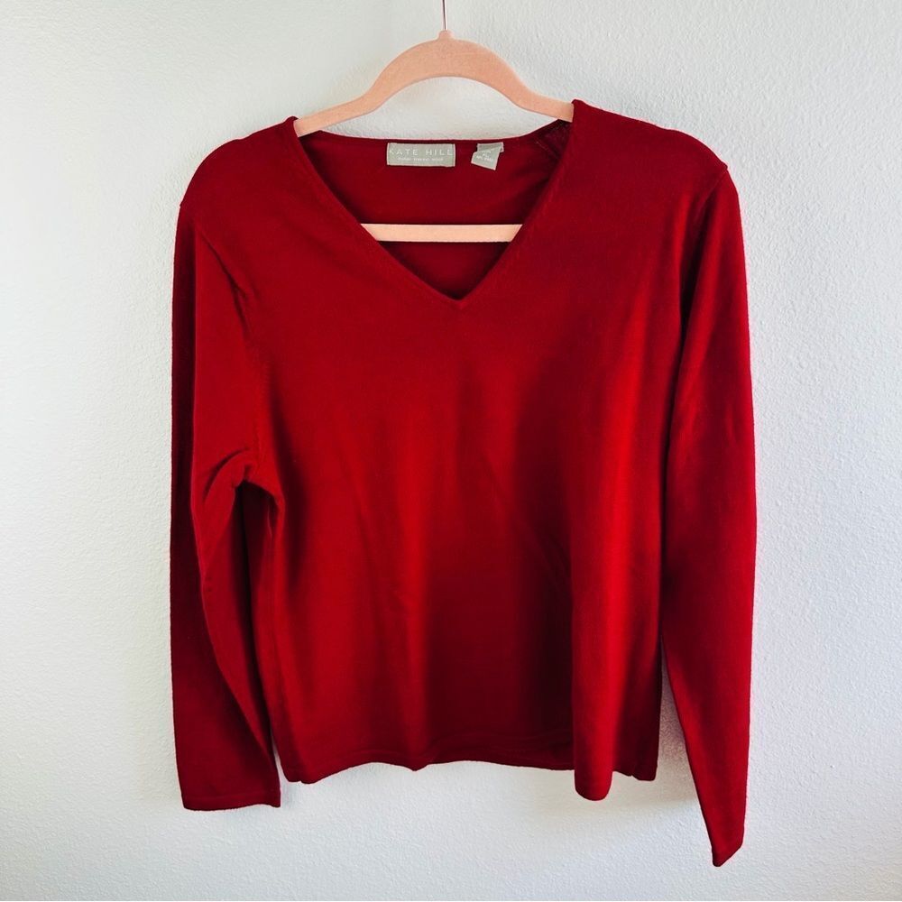 Kate‎ Hill Burgundy V Neck Merino Wool Sweater Size XL